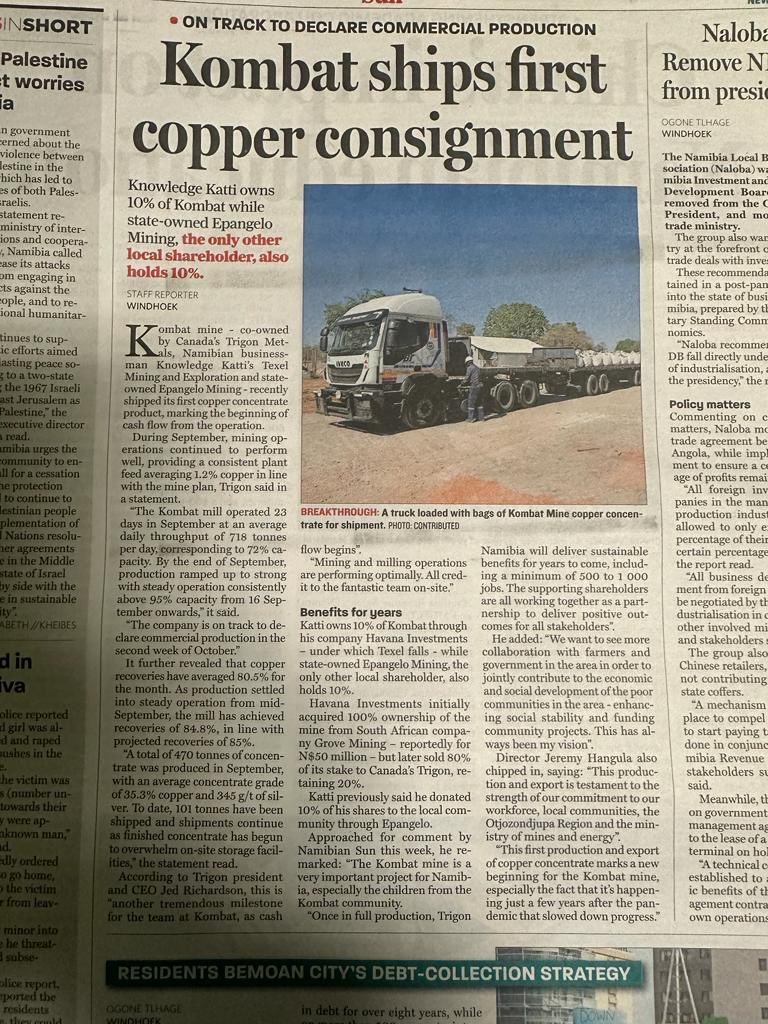 KattiKnowledge's tweet photo. KOMBAT news #TrigonNamibia #Copper #ElectricVehicles #KombatCommunityBenefit #Namibia https://t.co/o1Myh6QmrY