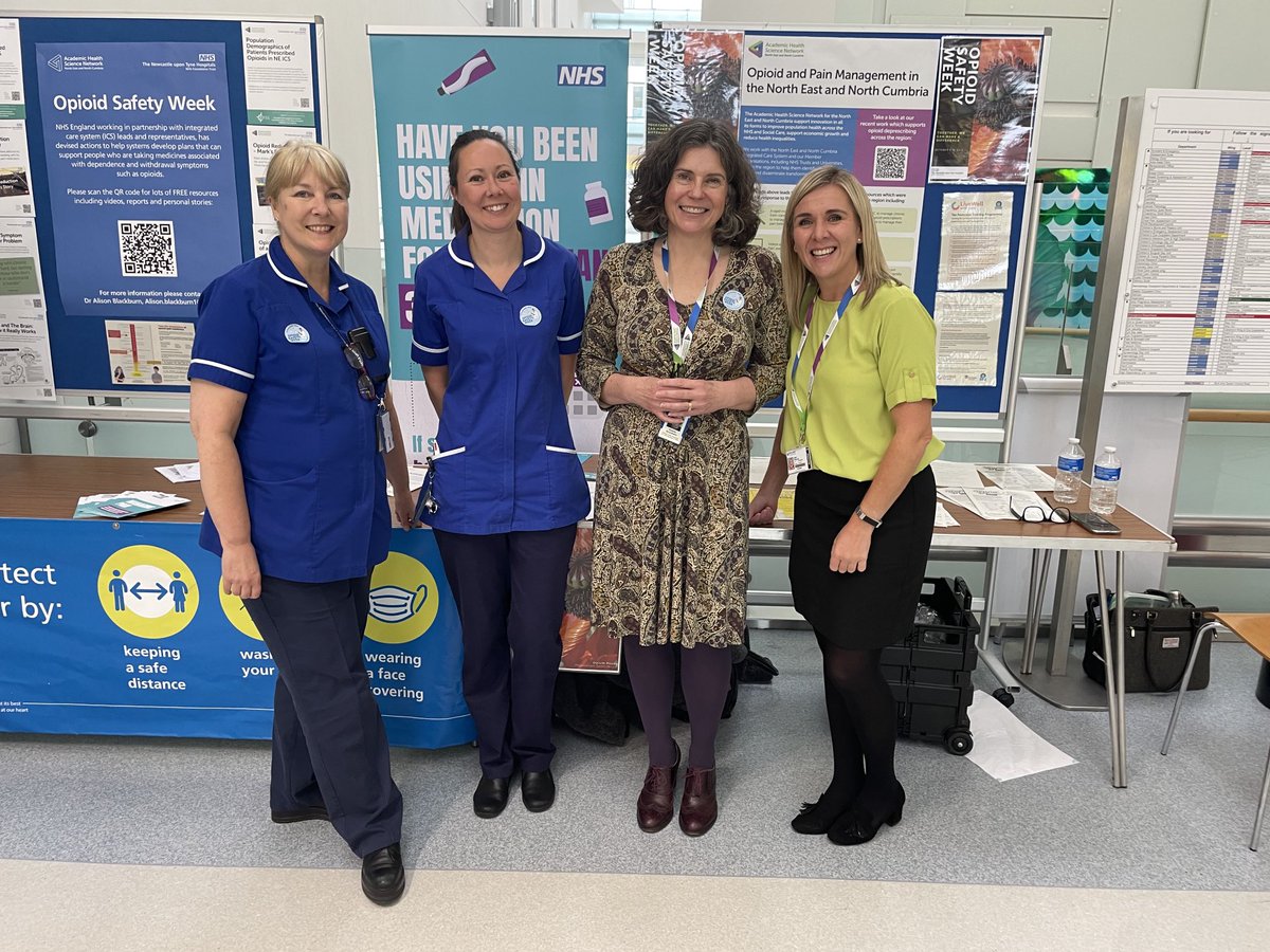 Alison And Joanne from the pain clinic with Victoria and Emily from AHSN tending their display ⁦<a href="/NewcastleHosps/">Newcastle Hospitals</a>⁩ for Opioid Safety Week. Our Integrated Care Board is supporting a push to better regulate overuse-misuse of prescription opioids in NENC
