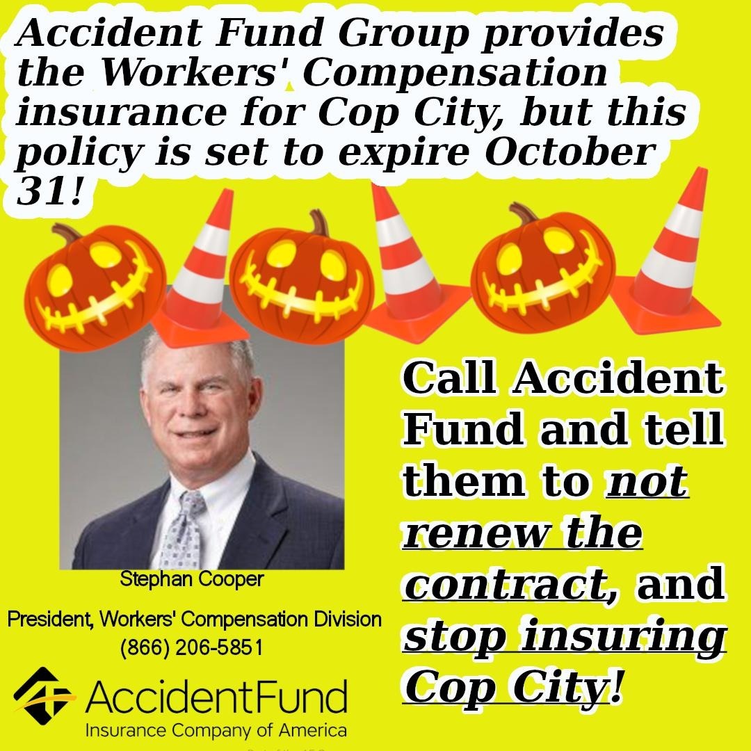 .<a href="/AccidentFund/">Accident Fund</a> is providing workers' compensation insurance to the Atlanta Police Foundation for the construction of Cop City. The insurance contract ends on Oct. 31 - call Accident Fund and tell them not to renew the contract! #StopCopCity {thread}