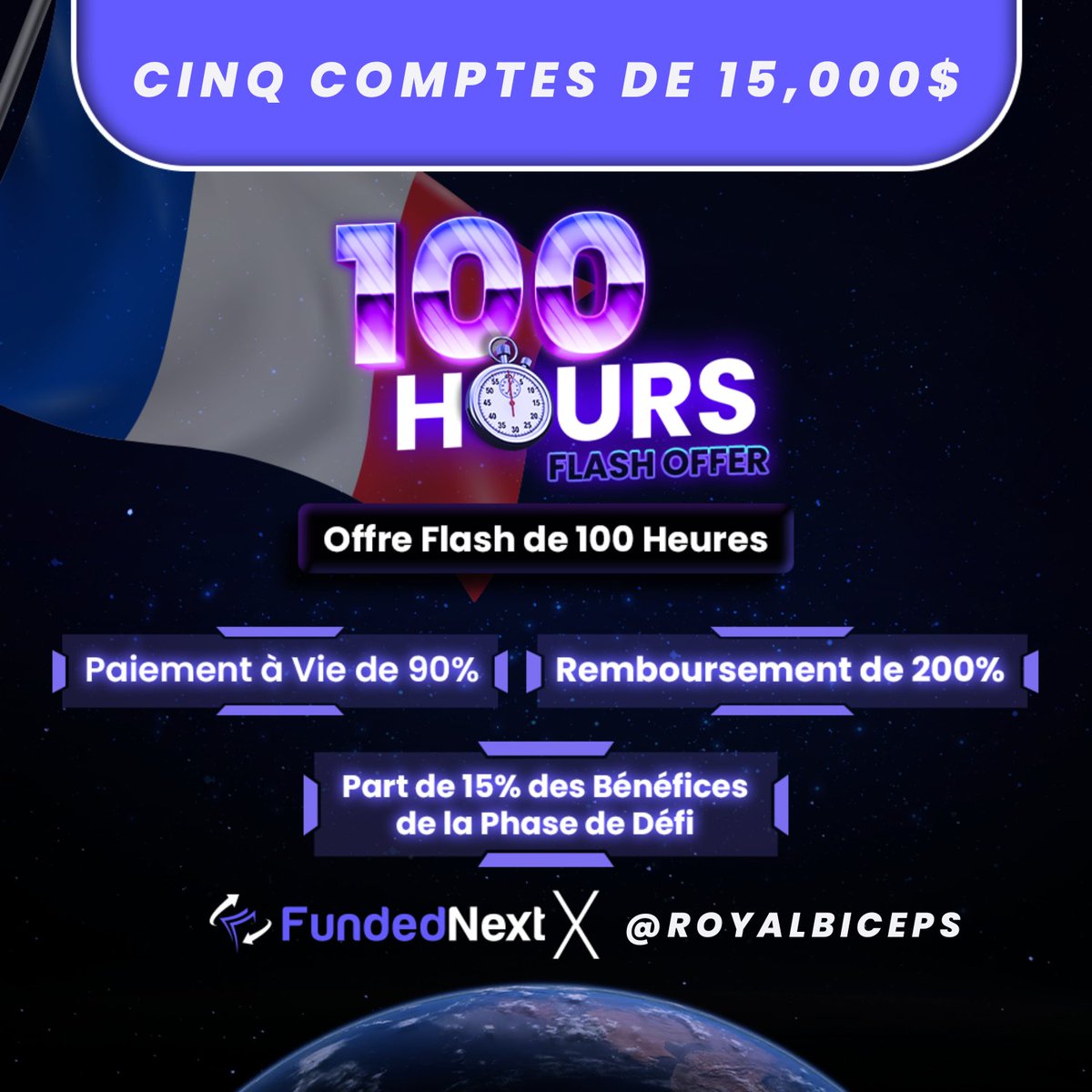 RoyalBiceps's tweet photo. Avec la réussite du précédent concours et pour leur offre Flash, on fait gagner cette fois-ci 5 comptes de 15 000$

✅ Aucune limite de temps !!

✅ Objectif de profit de 8 % sur P1

Pour avoir une chance de gagner un compte Stellar, ce que vous devez faire c'est :

✅ Likez et RT
✅ Suivez @FundedNext
✅ Commentez "FundedNext"
⏳️Tas le 13/10/23