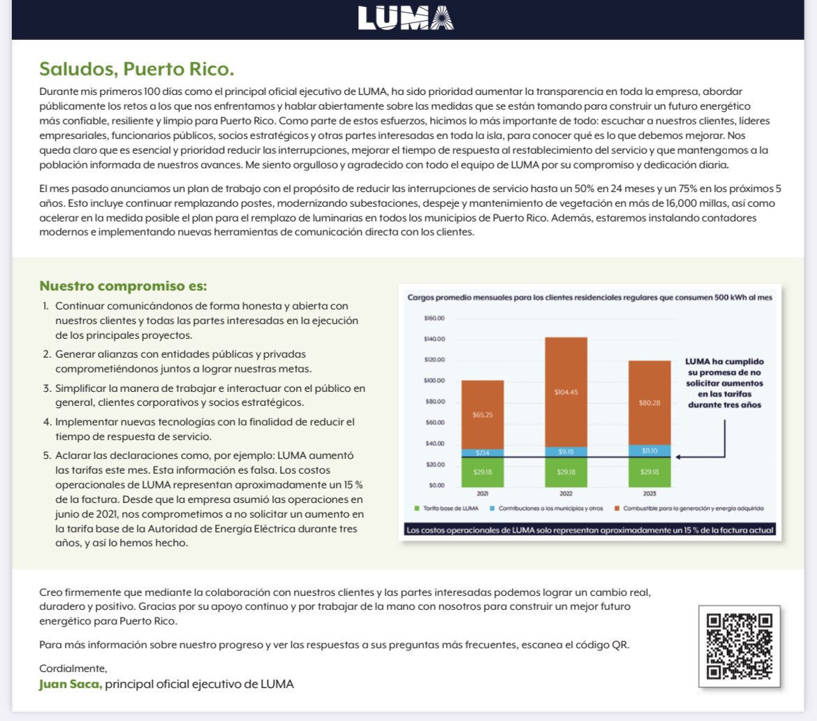 lumaenergypr's tweet photo. Lee la carta del Sr. Saca para los clientes y conoce los planes de LUMA para el futuro y su compromiso continuo con nuestros clientes en todas las regiones de Puerto Rico. https://t.co/lZ6EjicB7I

#LUMAPR #MejorFuturoEnergético https://t.co/oemQitTOWr