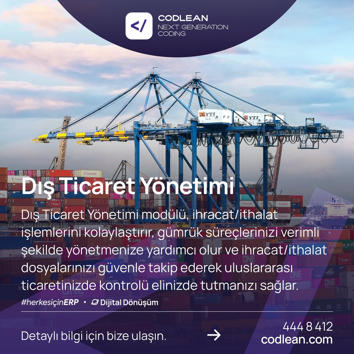 Dış Ticaret Yönetimi modülü, ihracat/ithalat işlemlerini kolaylaştırır, gümrük süreçlerinizi verimli şekilde yönetmenize yardımcı olur ve ihracat/ithalat dosyalarınızı güvenle takip ederek uluslararası ticaretinizde kontrolü elinizde tutmanızı sağlar.