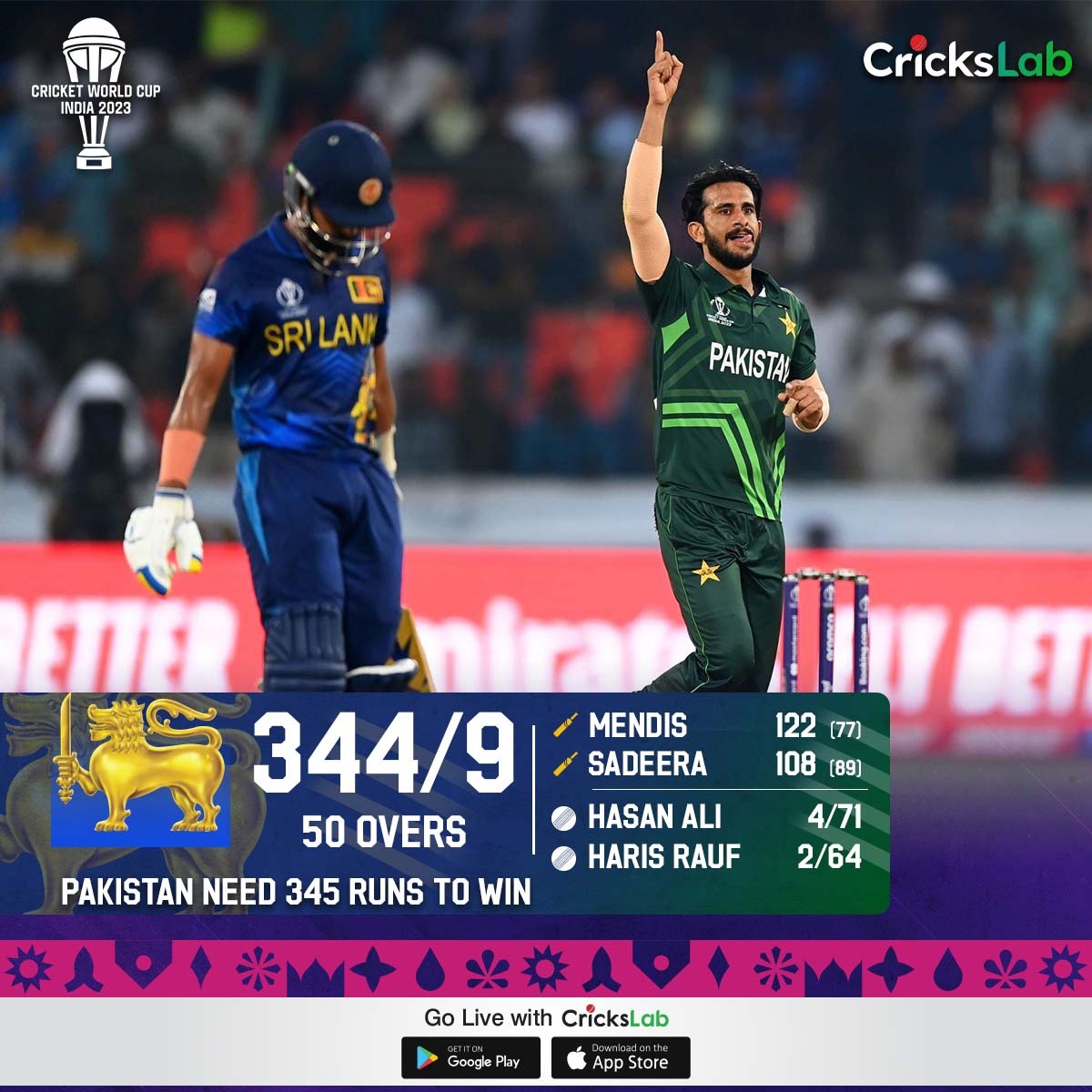 CricksLab's tweet photo. Can Pakistan conquer the mountain set by Sri Lanka? 345 runs to win!
#CricksLab #BDvsENG #CrickslabLive #WorldCup2023 https://t.co/N6Pt1pIPSR