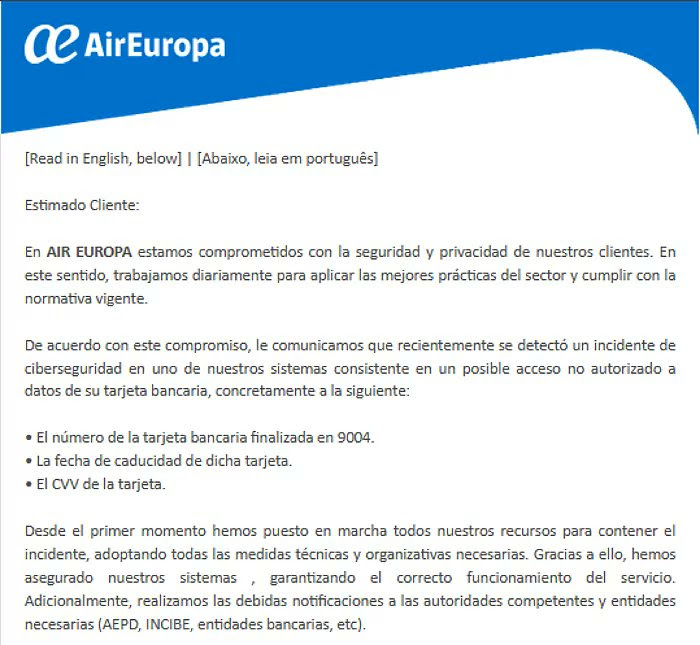 elhackernet's tweet photo. «En AIR EUROPA estamos comprometidos con la seguridad y privacidad de nuestros clientes...»

↘️ Están tan "comprometidos" que han tenido un "incidente" y un extraño se ha hecho con todos los datos de tu tarjeta de crédito 💳 incluido el CVV 😂 https://t.co/pCZ0zQOVCj
