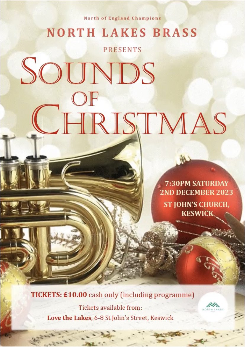 Tickets on sale for our Christmas concert 2nd Dec, 7.30pm, St John's Church in Keswick.
Limited Tickets £10 from 'Love the Lakes' shop on St John's St, Keswick. (We don't expect there will be any tickets left on the door so please buy them early.  Thank you)