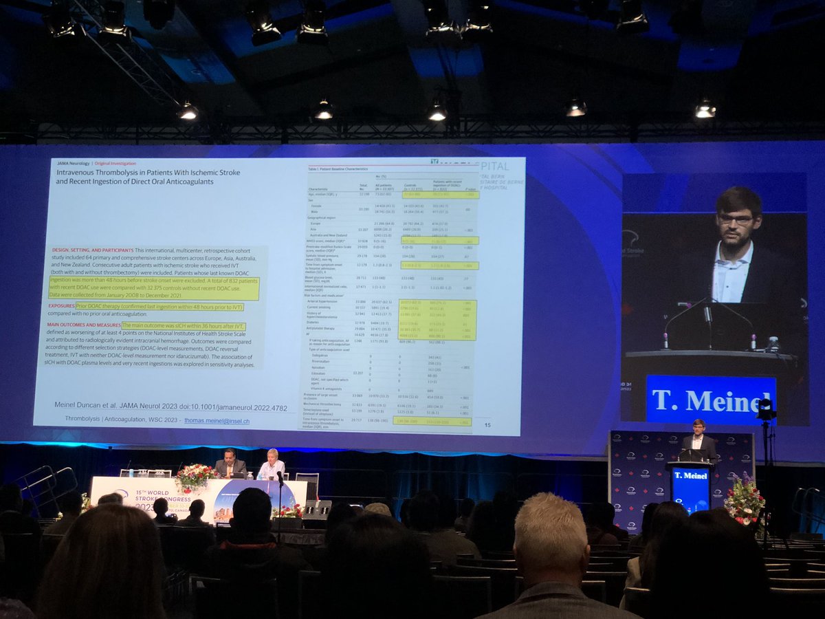 Excellent start by @TotoMynell on thrombolysis for acute ischemic stroke in patients with recent DOAC use at the #WSC2023.

Check out his publication: doi: 10.1001/jamaneurol.2022.4782

@DavidSeiffge 
@StrokeBern