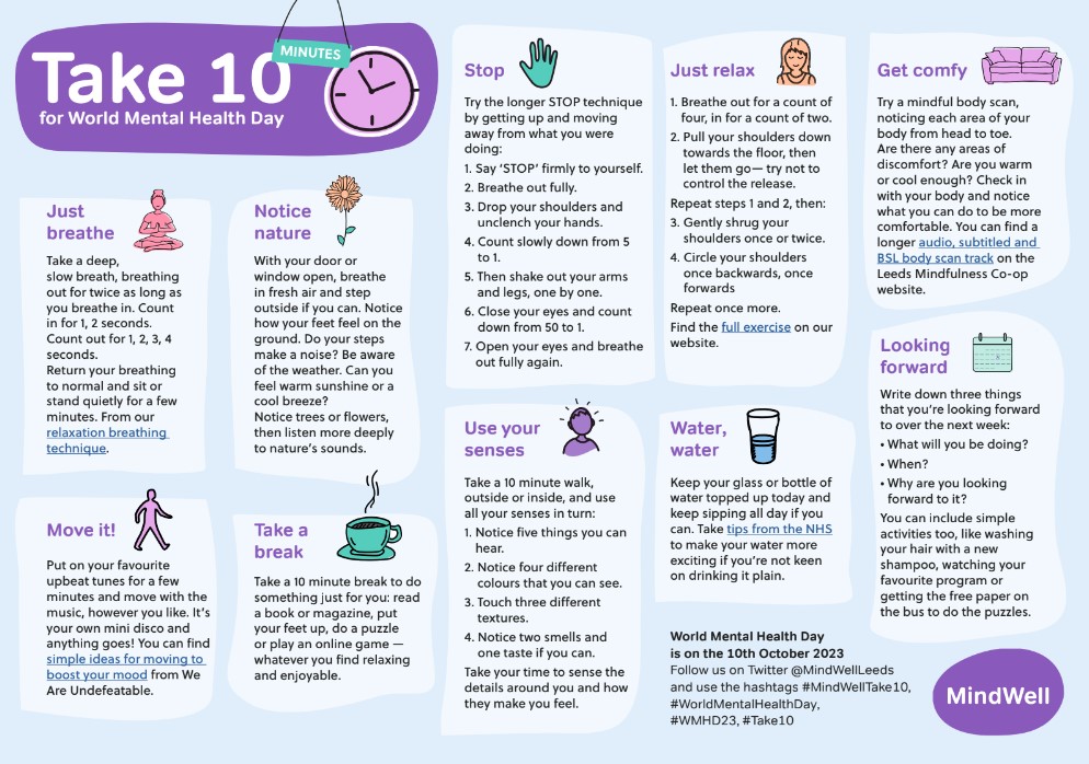 MindWellLeeds's tweet photo. We're MindWell, the #MentalHealth website for people in #Leeds. Everyone can help manage their #stress levels with our #MindWellTake10 resources, with 10 activities you can do for 10 seconds or 10 minutes. Why not find out more: https://t.co/khTJHb4bSx #wellbeing #Take10 https://t.co/EQBPjmxHMK