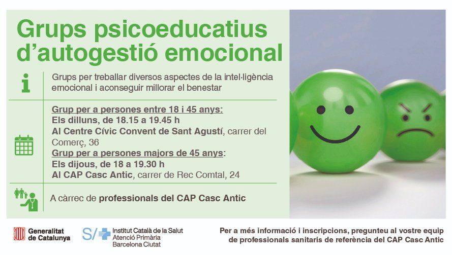 primariaicscat's tweet photo. Els centres d'atenció primària de l'#apicsbcn organitzen més de 60 activitats grupals dirigides a millorar el benestar emocional i a afrontar el malestar relacionat amb l'autoestima, el dol, la feina...

Apropa't al teu CAP i consulta les activitats disponibles 
#DMSalutMental https://t.co/eFB5SEI9k1