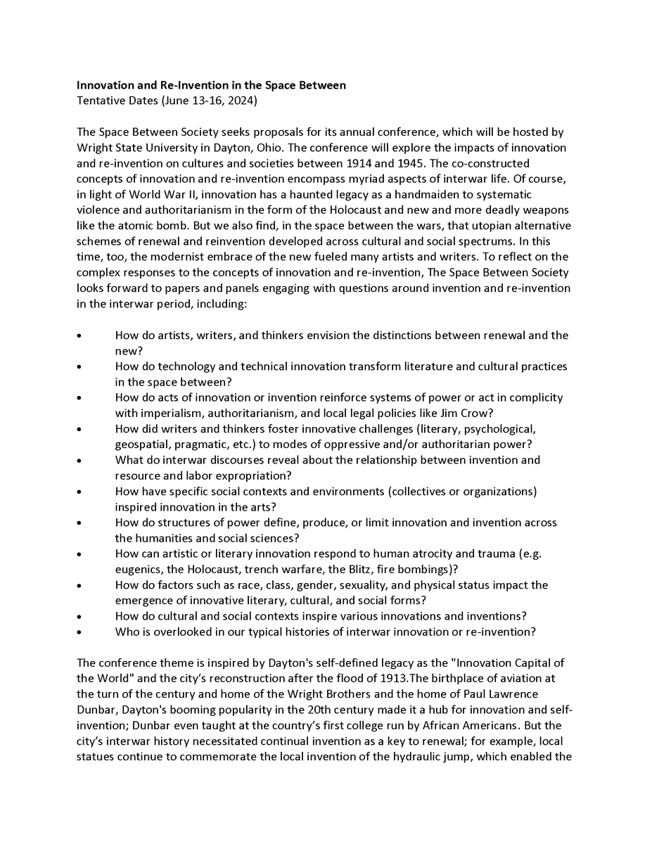 SpaceBetweenJ's tweet photo. So happy to announce our CFP for the 2024 Space Between conference in Dayton, OH: Innovation and Re-Invention in the Space Between! 

Circulate widely! Abstracts due in December! https://t.co/BqHPKmrT34