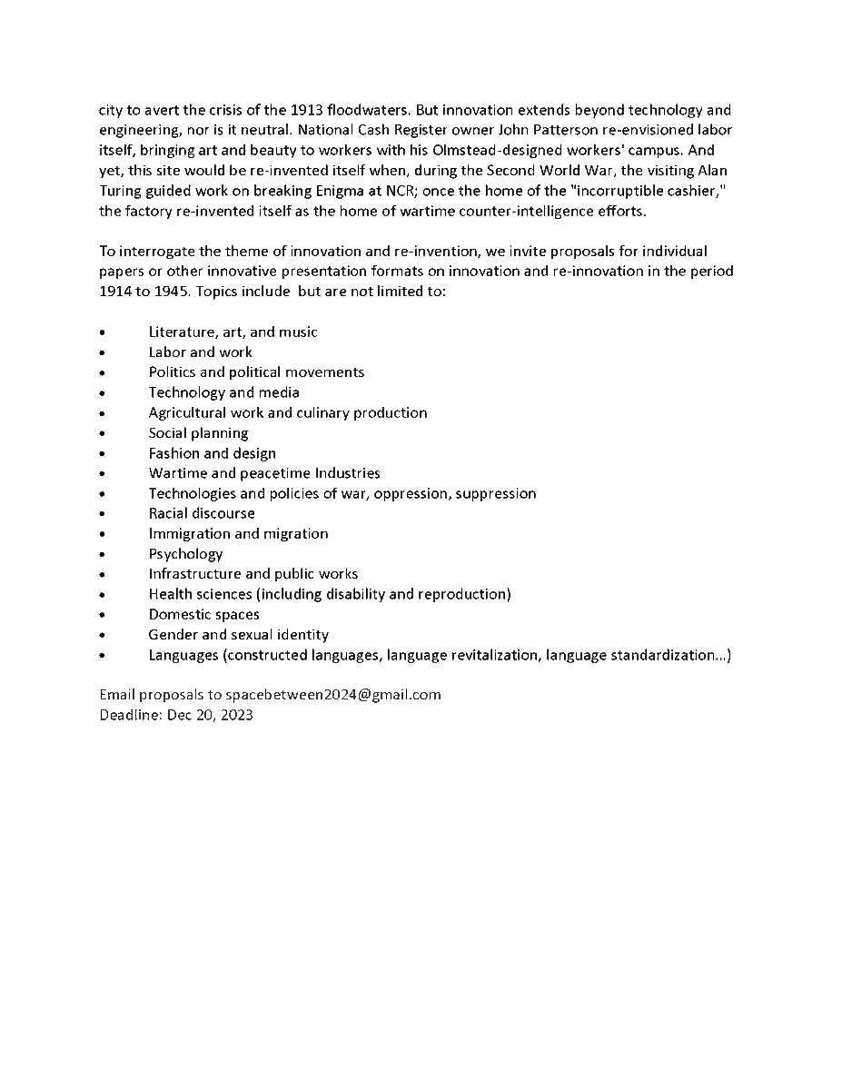 So happy to announce our CFP for the 2024 Space Between conference in Dayton, OH: Innovation and Re-Invention in the Space Between! 

Circulate widely! Abstracts due in December!