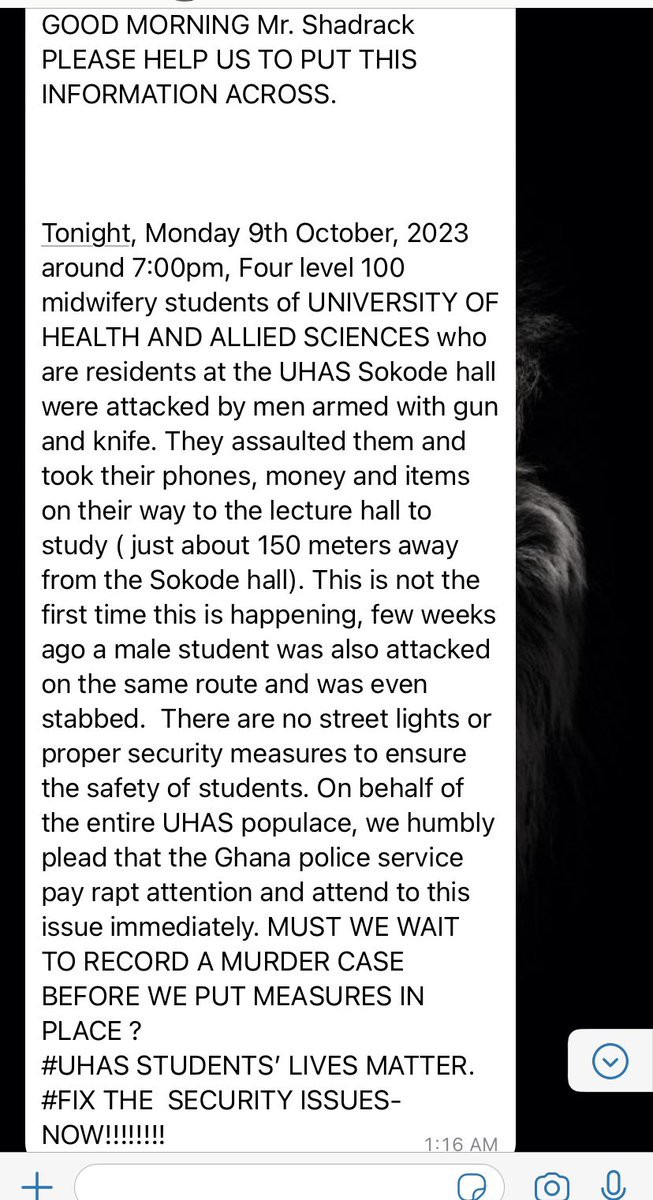 Wilson_TrendiT's tweet photo. Criminal attacks have become a daily occurrence at UHAS, leaving students feeling vulnerable and unsafe.  #uhasstudentslivesmatter #FixUhasSecurityCrisesNow

Help repost this cos management has been reluctant to the plea of student https://t.co/Qe8YguWj94