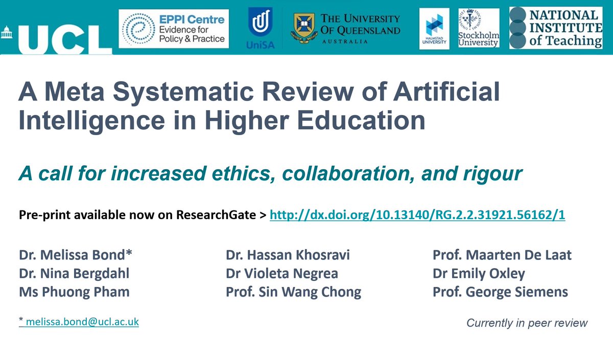 Very happy to see the first article submitted from the #ArtificialIntelligence in #Education review of reviews, this #SystematicReview focusing on #HigherEd & including 66 evidence syntheses. The pre-print can be accessed here: dx.doi.org/10.13140/RG.2.… #EdTech #AIEd #AIEducation