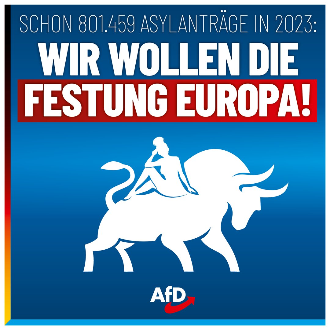 AfD's tweet photo. Schon 801.459 #Asylanträge in diesem Jahr: #Deutschland muss zur #Festung werden!

Deutschland und #Europa werden überrollt! Laut aktuellen Zahlen der #EU-Asyl-Agentur EUAA wurden in diesem Jahr bereits 801.459 Asylanträge in der EU sowie in #Norwegen und in der #Schweiz gestellt (Stichtag 3. Oktober). Das ist der höchste Wert seit 2016 – auch Deutschland verzeichnet einen Anstieg um sage und schreibe 74 Prozent! Und trotzdem hält die verantwortungslose Ampel-Regierung an der Massenmigrations-Ministerin Nancy #Faeser (#SPD) fest! Wenn diese Regierung auch nur ansatzweise an einer Reduzierung des Migrationswelle interessiert wäre, dann würde sie als erste Maßnahme die Innenministerin entlassen und die Koalition mit den Grünen aufkündigen.

Doch die Ampel will unser Land auch weiterhin auf Gedeih und Verderb fluten. Die Forderungen der #AfD sind brandaktuell: Geldleistungen endlich in Sachleistungen umwandeln, Grenzen sichern, Abschiebungen konsequent durchführen. Wichtig auch: Es muss mit Abschreckungskampagnen und öffentlichen Erklärungen deutlich gemacht werden, dass das Boot voll ist. #Dänemark hat diesen Weg eingeschlagen und verzeichnet in der eben erwähnten Statistik einen Rückgang der Asylanträge um 56 Prozent. Auch das von Ministerpräsident #Orban regierte #Ungarn zeigt, wie es gehen kann: Dort gab es in diesem Jahr lediglich 26 Asylanträge. Die Konsequenz ist klar: Mehr Ungarn wagen! #DeshalbAfD