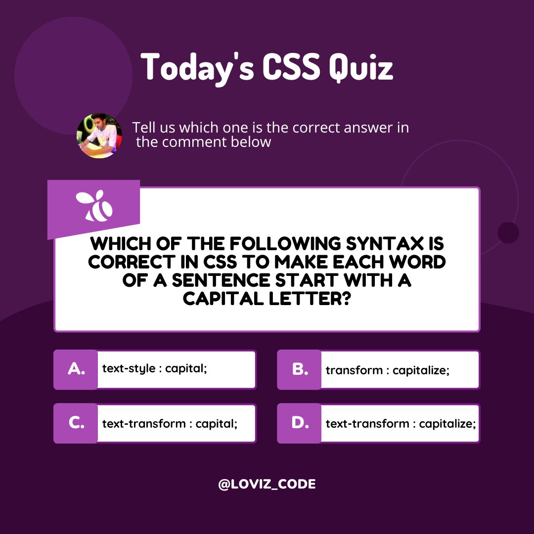 lovizcode's tweet image. 🎨 Testing my CSS skills with this quiz! 💡 Can I conquer the cascading styles? 🚀
#CSSQuiz #WebDev #CodingFun