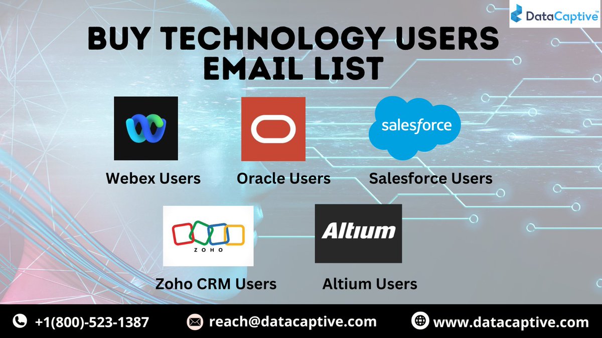 JacobMathew94's tweet photo. Unlock your marketing potential with DataCaptive's Technology Users Email List! 

Reach out to key decision-makers in the tech industry. 

Our list includes:
✅Webex Users
✅Oracle Users
✅Salesforce Users
✅Zoho CRM Users
✅Altium Users

Get Started: https://t.co/hHbAcvxJ9r https://t.co/siPGJTGd8F