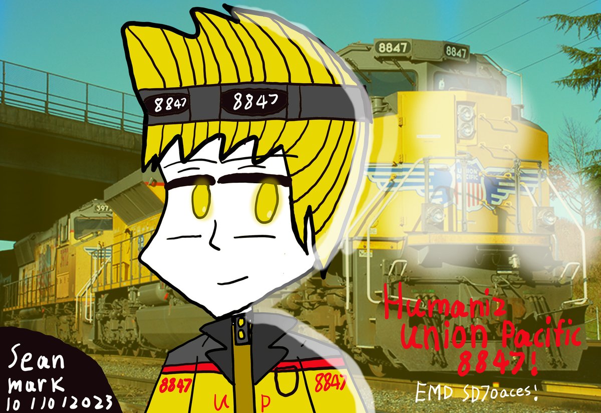 Sean21884737's tweet photo. i making this new one OC's Character Humaniz Union Pacific 8847 Of EMD SD70ACES! also I at the parry hair goes up even I make the lights so brighter I just Gunna make sure is right or not!
#Railfan #UnionPacific #Fanart #OC #Character #Humaniz https://t.co/SNbZfLndwk
