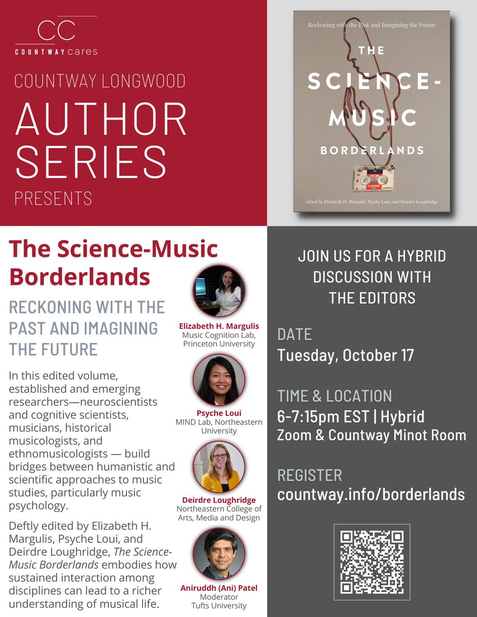 One week from today, we are book-talking The Science-Music Borderlands! Thanks to ⁦@HMSCountway⁩ for hosting this event. In-person & online, be sure to register in advance if you’d like to join. W/ ⁦@psycheloui⁩ ⁦@LisaMargulis⁩