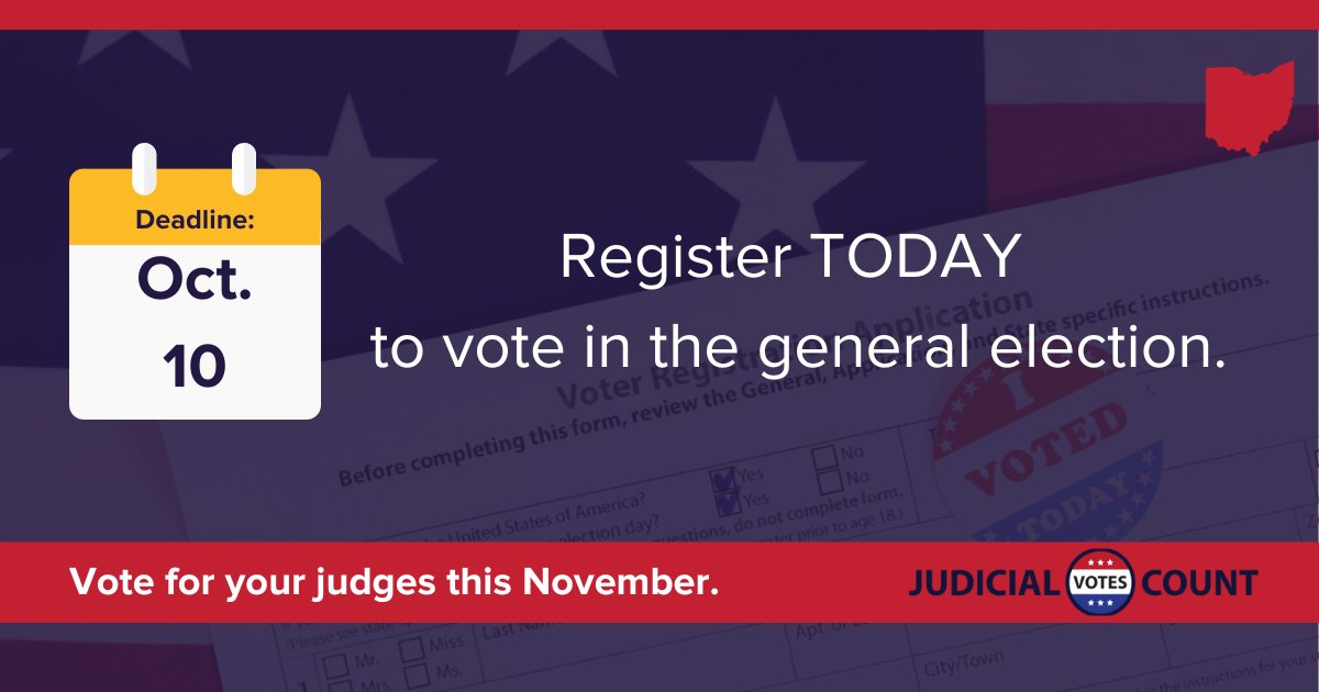 JudicialVotes's tweet photo. Don't delay! Today is your LAST chance to register to vote on Nov. 7. 🗳️Register or update your information here: https://t.co/H7NnCk2fW5

Then, make sure to vote for your judges. 
🧑‍⚖️ Meet your candidates at https://t.co/NwJkoDF3H6 https://t.co/KsmZ4qpI0H