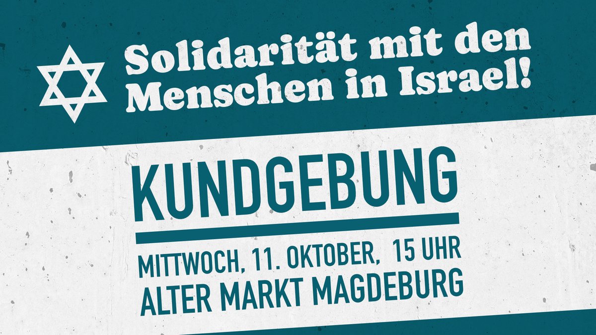 In einem breiten Bündnis mit den demokratischen Parteien, vielen Verbänden und einschlägigen Gremien haben wir für morgen, Mittwoch, den 11.10.2023 um 15 Uhr auf dem Alten Markt in #Magdeburg eine Kundgebung zur #Solidarität mit den Menschen in #Israel organisiert. Kommt vorbei!