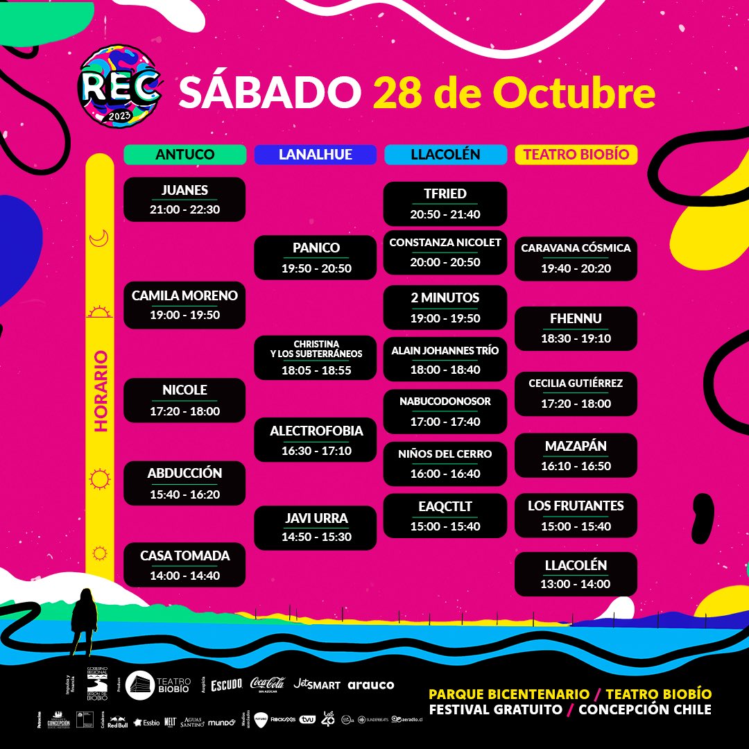 rec_festival's tweet photo. ¡Ya puedes armar tu cronograma REC! 🤩🎶 
Ahora sí, oficialmente comienza la cuenta regresiva para nuestro encuentro en el festival de música gratuito más grande de #Chile 🔥. ¡Prepárate para un fin de semana lleno de arte y cultura! https://t.co/VR7bJWyDL7
