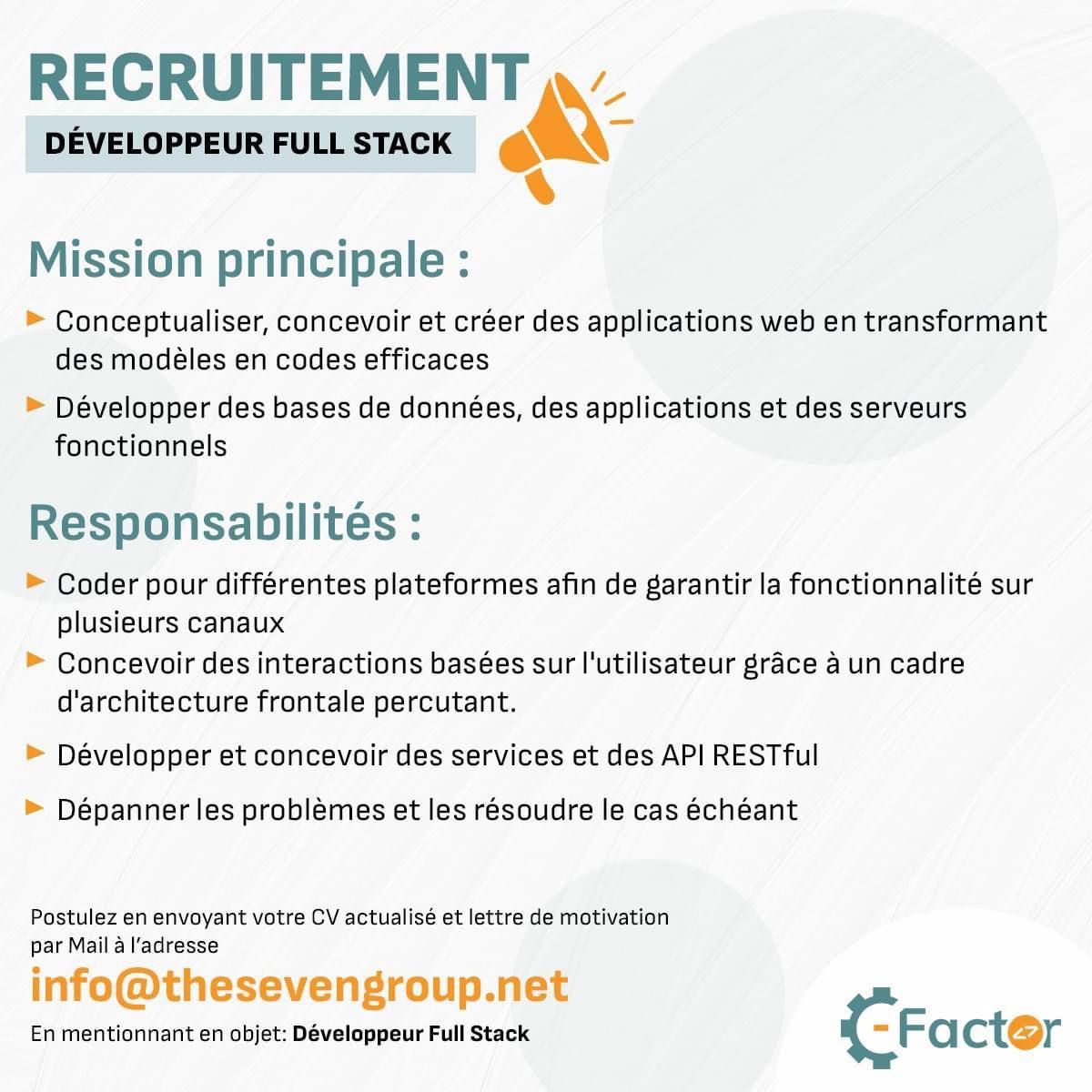 SevenGPS (@sevengps1) on Twitter photo 📢 OFFRE D'EMPLOI : DÉVELOPPEUR FULL STACK
Vous êtes passionné par le développement web et maîtrisez à la fois le front-end et le back-end, cette offre est pour vous.
Postulez en envoyant votre CV et votre Lettre de Motivation à l'adresse suivante : info@thesevengroup.net 📢 OFFRE D'EMPLOI : DÉVELOPPEUR FULL STACK
Vous êtes passionné par le développement web et maîtrisez à la fois le front-end et le back-end, cette offre est pour vous.
Postulez en envoyant votre CV et votre Lettre de Motivation à l'adresse suivante : info@thesevengroup.net