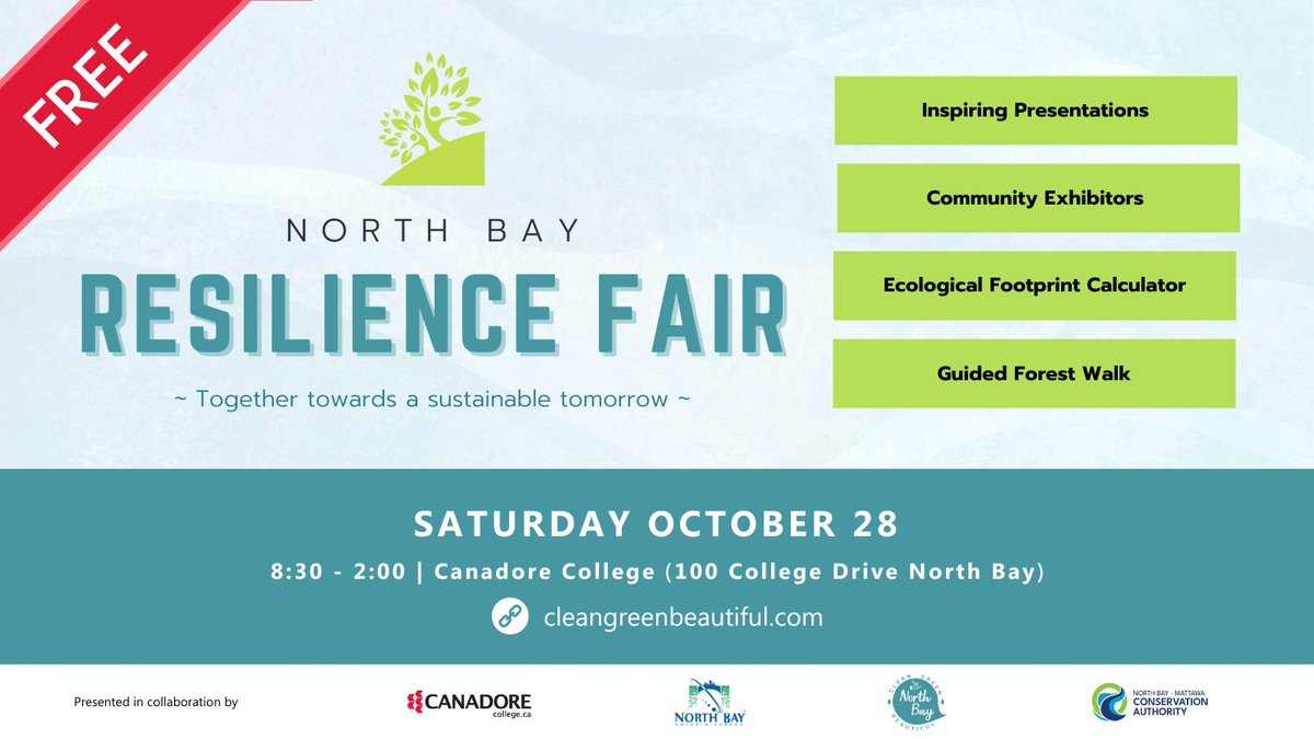 Discover the actions you can take to contribute to a healthy, resilient, and sustainable community at North Bay’s first annual Resilience Fair on Saturday, October 28th. 
Learn more and register at cleangreenbeautiful.com  
@cityofnorthbay @theNBMCA