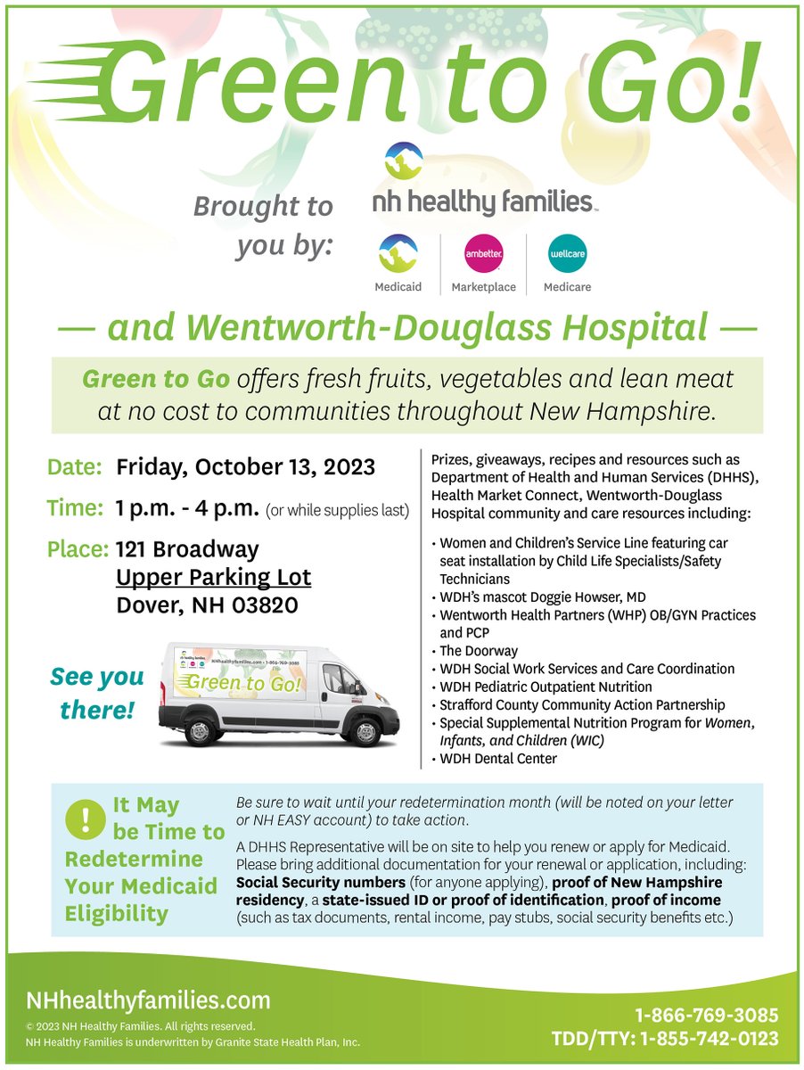 NHhealthy's tweet photo. Green to Go is this Friday in Dover! Join us on Friday, October 13th from 1 pm to 4 pm or until supplies last at 121 Broadway in Dover, NH. Come pick up fresh fruits, veggies, lean meat, giveaways and resources at no cost to you. #NHhealthy #InNHforNH #GreenToGo https://t.co/iL9UqLlwg0