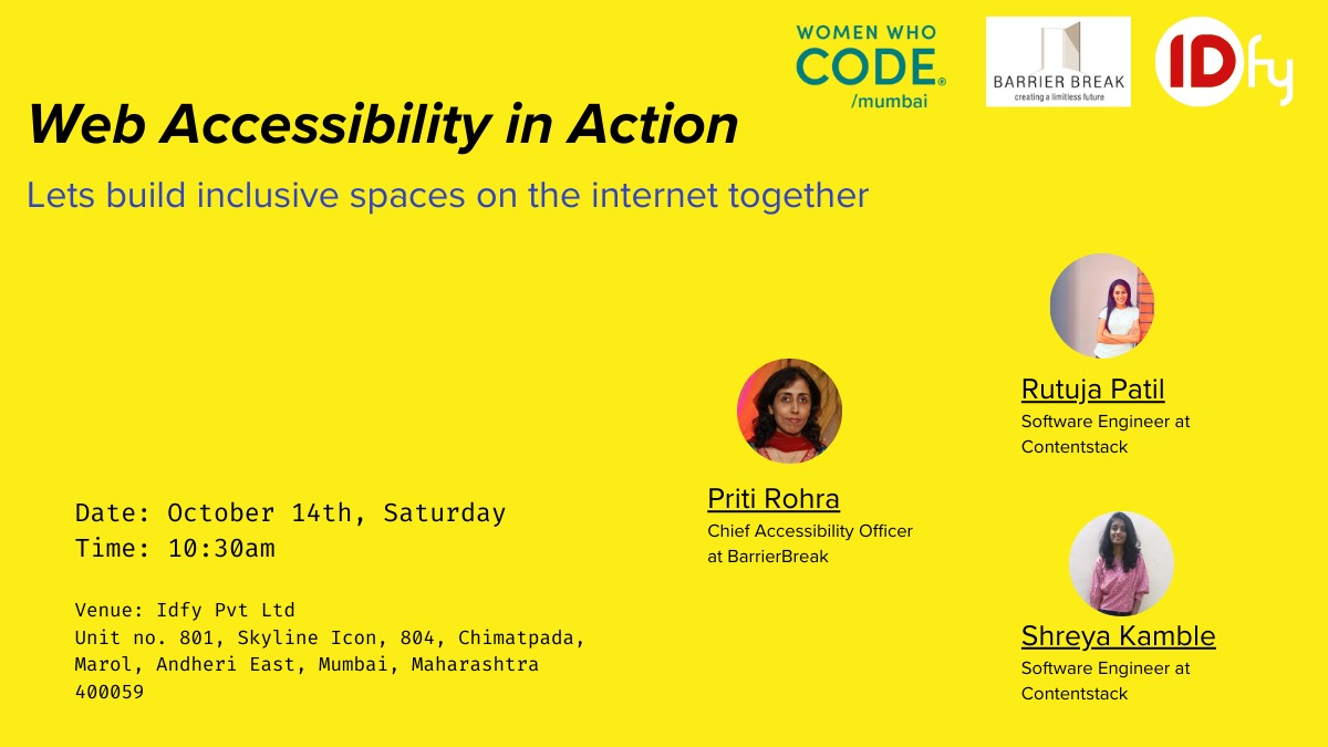 teamWomenXCode's tweet photo. Join us on Oct 14 for "The Art of Accessible Web Development" by Women Who Code Mumbai! Dive into web development with an accessibility focus and hear from Priti Rohra, Shreya Kamble, and Rutuja Patil.
Register here: https://t.co/UsiyaW9evo…
 #WebDev #Accessibility #WWCodeMumbai https://t.co/DHHY9xKc9y