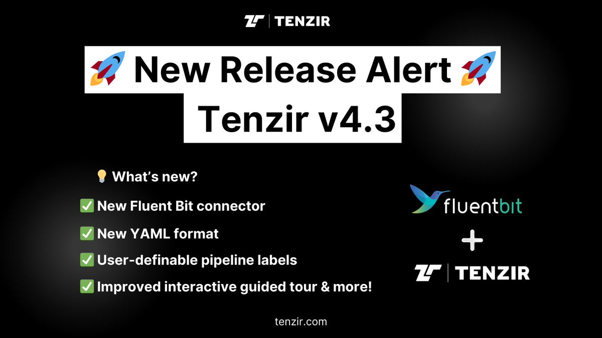 🚀 Just released: Tenzir v4.3! 🚀
⚡New Fluent Bit connector
⚡New YAML format
⚡User-definable pipeline labels
⚡Improved interactive guided tour

🔗Full details: docs.tenzir.com/blog/tenzir-v4…
#SecDataOps #datapipelines #securitydatalake #SIEM