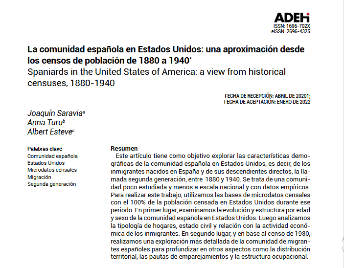RevistaADEH's tweet photo. Emigrar para mejorar. ¿A dónde? Joaquín Saravia, Anna Turu y Albert Esteve analizan la migración española a EE.UU. a finales del XIX y hasta mediados del XX, comparando las diferencias entre la primera y segunda generación de emigrantes en https://t.co/CtglK6XmFM Léelo! https://t.co/PzSmDG9hft