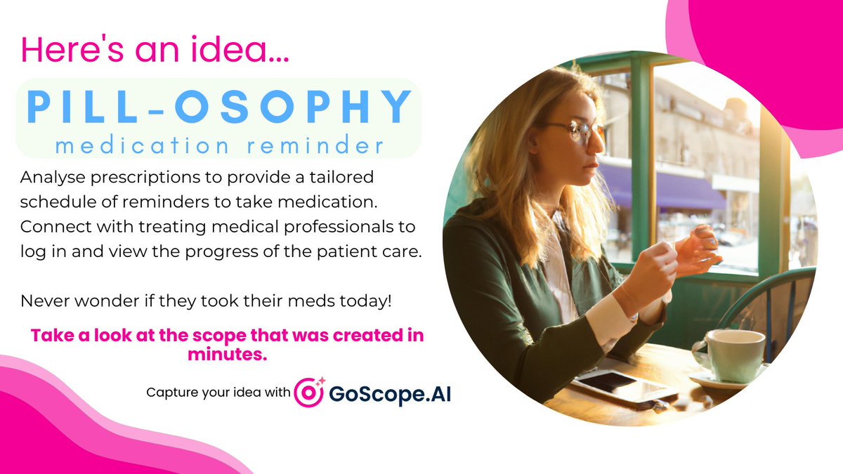 GoScopeAI's tweet photo. If you've got a great app idea you can turn it into a scoped product in minutes with https://t.co/WpJdWYI1gN.

Check out the Pill-osophy scope here:
https://t.co/0imAsgfi2m https://t.co/LXM41EVQAW