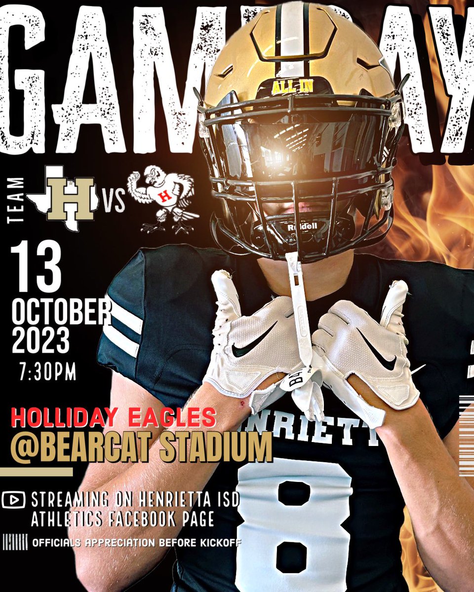 🏈🗣️ THIS IS WEEK EIGHT IN TEXAS FOOTBALL AND THE EAGLES ARE COMING TO BEARCAT COUNTRY! 

📍BEARCAT STADIUM 
🕰️ 7:30PM
⛓️HOLLIDAY EAGLES

🔲 OFFICIALS APPRECIATION BEFORE KICKOFF!

🎟️ henriettaisd.hometownticketing.com/embed/event/21…

#TheGoldStandard #ComeSupport