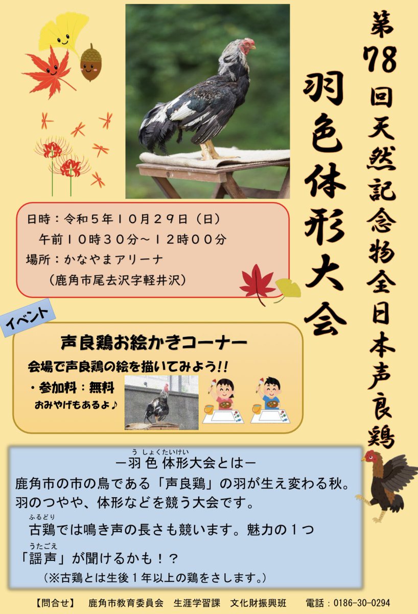 akita_koe's tweet image. 鹿角市の「市の鳥」であり、国の天然記念物・日本三大長鳴鶏の一つ・秋田三鶏の一つである声良鶏(ｺｴﾖｼﾄﾞﾘ)の大会が今月末に開かれます。
去年は謡合(うたあわせ)で1羽も鳴かなかったけど果たして今年は…

#声良鶏 #長鳴鶏 #日本鶏
#鹿角市