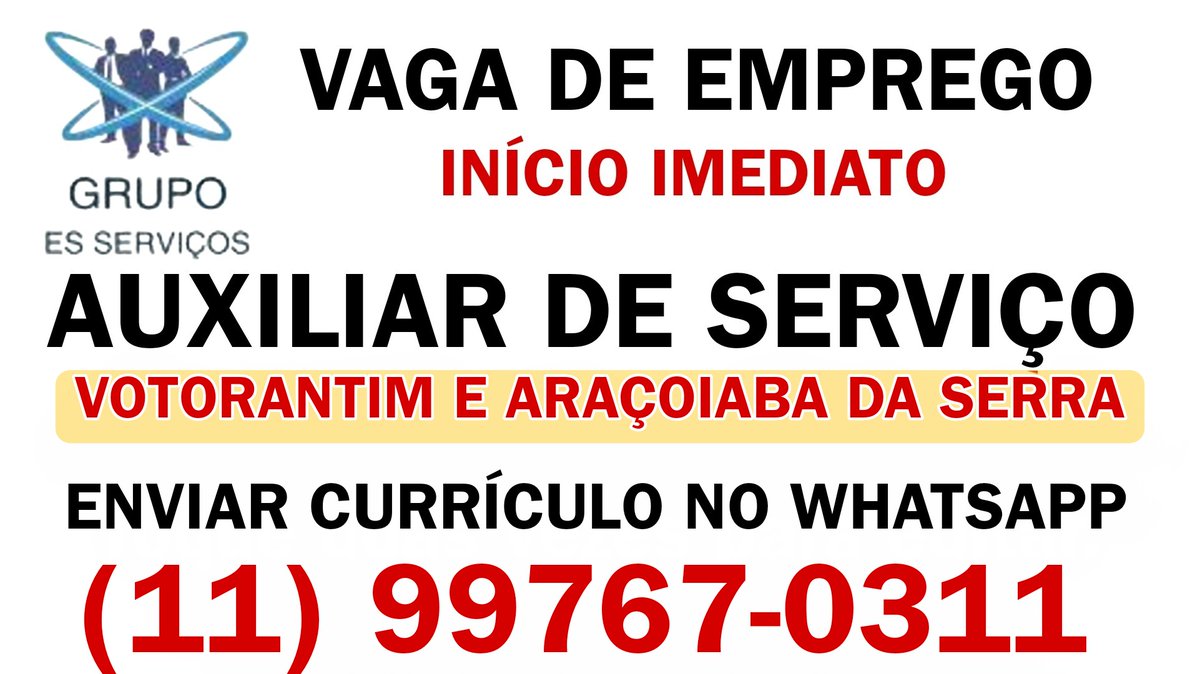Contrata-se AUXILIAR DE SERVIÇO para trabalhar em Votorantim e Araçoiaba da Serra. Registro em carteira, vale-refeição, cesta básica e vale-transporte. Enviar currículo somente pelo WhatsApp (11) 99767-0311.