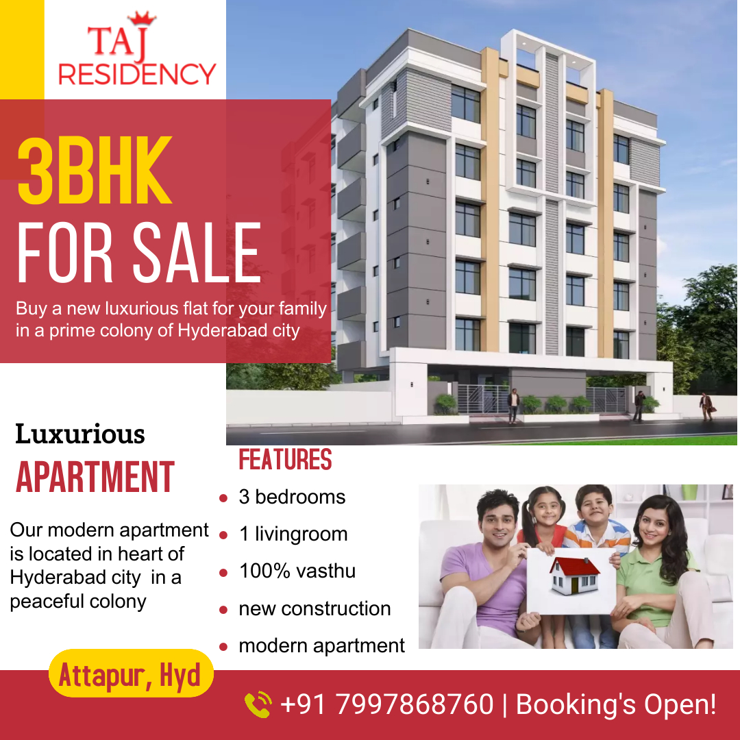 Taj Residency | Royal apartment to stay with your family | Hyderabad
#3BHKSALE, #3BHKHOMES, #3bhkflats, #homesforsale, #luxurioushomes, #modernflats, #HyderabadHomes, #Hyderabadflats, #flatsforsaleinhyderabad, #flatsforsale.
Booking's Open | To get more details call : 7997868760