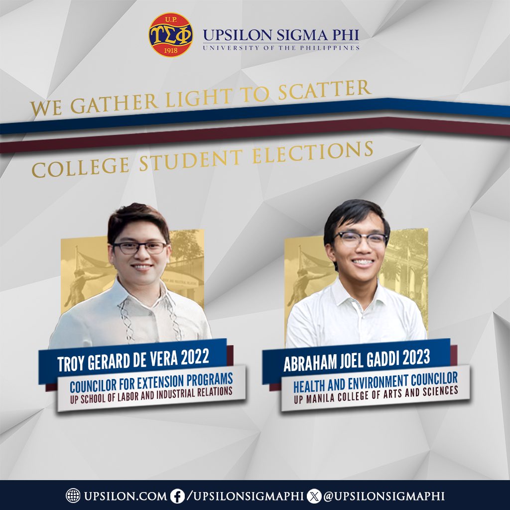 upsilonsigmaphi's tweet image. The Upsilon Sigma Phi congratulates Fellows 𝗧𝗿𝗼𝘆 𝗚𝗲𝗿𝗮𝗹𝗱 𝗗𝗲 𝗩𝗲𝗿𝗮 𝟮𝟬𝟮𝟮 and 𝗔𝗯𝗿𝗮𝗵𝗮𝗺 “𝗔𝗯𝗲” 𝗝𝗼𝗲𝗹 𝗚𝗮𝗱𝗱𝗶 𝟮𝟬𝟮𝟯 for their successful bids in their respective Student Councils.

#UpsilonLeads
#ImperativeOfService
#WeGatherLightToScatter