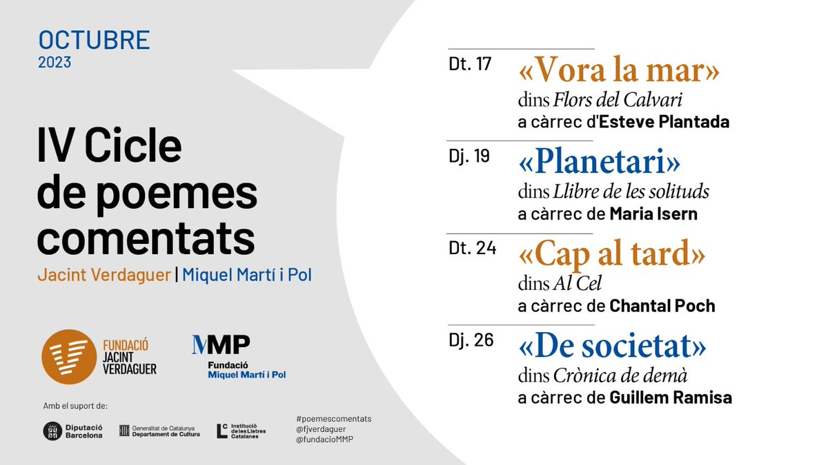 fundaciommp's tweet photo. 📢Ja tenim aquí el programa del IV Cicle de poemes comentats, el projecte digital que té per objectiu donar a conèixer el valor simbòlic de Verdaguer i Martí i Pol, generar continguts al servei de l’educació i aportar una lectura dels textos des del punt de vista de creadors! https://t.co/xSWZdZbyGj