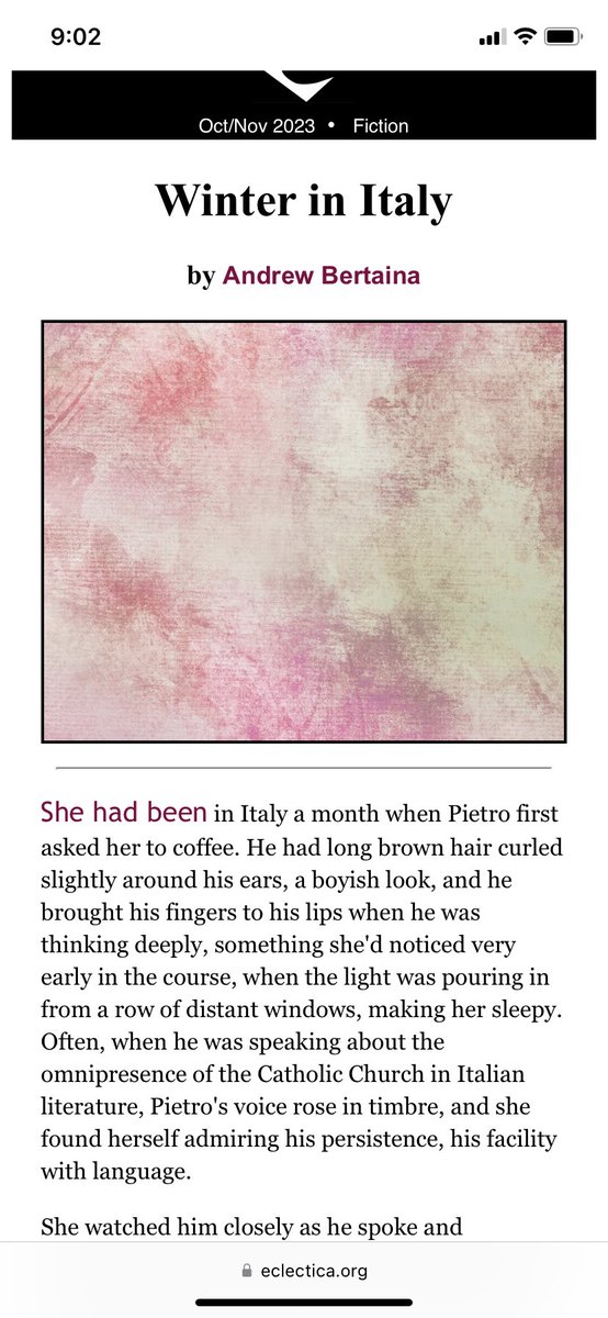 New story, winter in Italy, up <a href="/EclecticaMag/">Eclectica Magazine</a> 

eclectica.org/v27n4/bertaina…