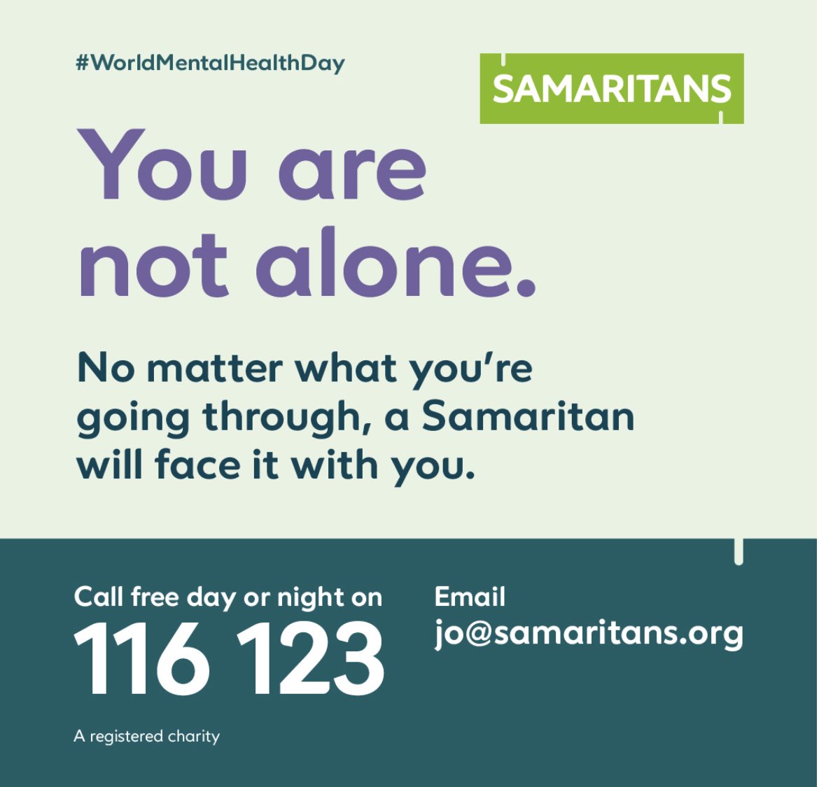 York Samaritans (@yorksamaritans) on Twitter photo Whenever you need to talk, we’re here for you, no matter what 💚 #WorldMentalHealthDay Whenever you need to talk, we’re here for you, no matter what 💚 #WorldMentalHealthDay