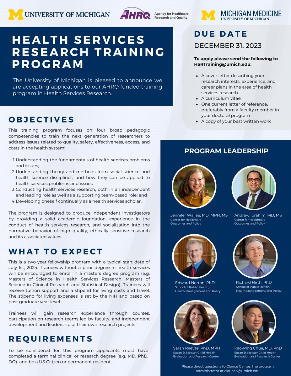 We are now accepting applications for the HSR T32 training program! Please share with those who may be interested. Questions and application materials can be sent to HSRTraining@umich.edu.