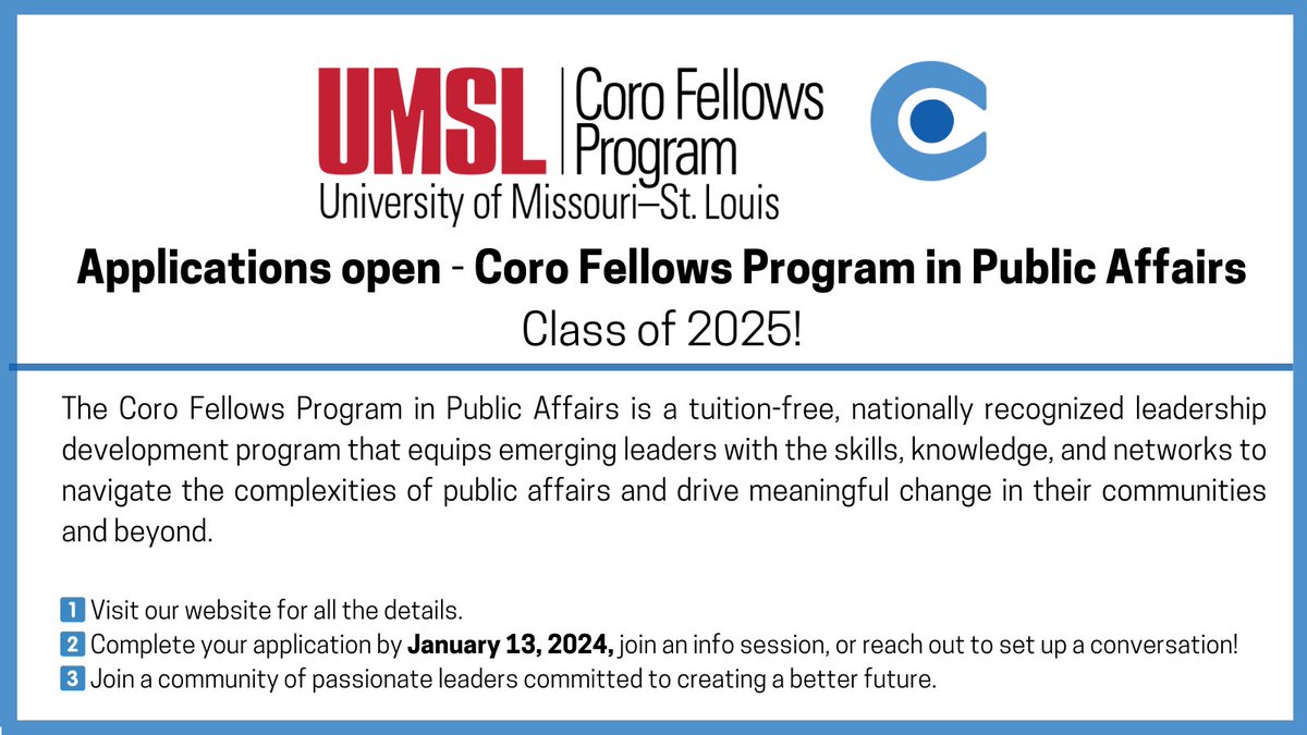🌟 Exciting News! 🌟
Are you ready to embark on a transformative journey in public affairs? 🌍✨ Applications to The Coro Fellows Program in Public Affairs are now OPEN! 📣
#CoroFellowship #PublicAffairs #LeadershipDevelopment #ChangeMakers #ApplyNow #CoroSTL