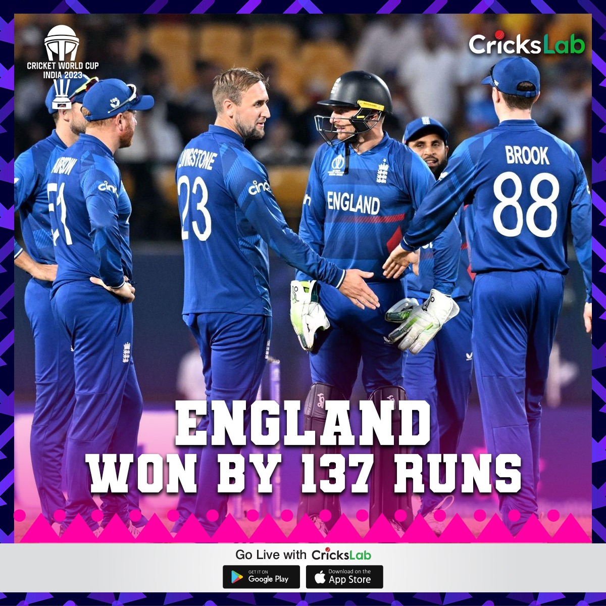CricksLab's tweet photo. England roars to victory with a breathtaking 137-run triumph over Bangladesh!👏🏼🏆
#CricksLab #BDvsENG #CrickslabLive #WorldCup2023 https://t.co/FmptnpBwYP
