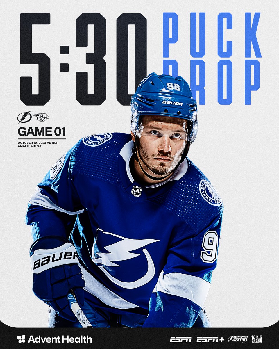 x - Tampa Bay Lightning (@tblightning) on Twitter photo IT'S GAMEDAY ⚡️
📺: <a href="/espn/">ESPN</a>
📻: <a href="/BoltsRadio/">Lightning Audio Network</a> & <a href="/1025TheBone/">102.5 The Bone</a>
#NSHvsTBL: tbl.co/nshvstbl10-10
#GAMEONe: tbl.co/GAMEONe-events…
#GoBolts | #NHLFaceOff IT'S GAMEDAY ⚡️
📺: <a href="/espn/">ESPN</a>
📻: <a href="/BoltsRadio/">Lightning Audio Network</a> & <a href="/1025TheBone/">102.5 The Bone</a>
#NSHvsTBL: tbl.co/nshvstbl10-10
#GAMEONe: tbl.co/GAMEONe-events…
#GoBolts | #NHLFaceOff
