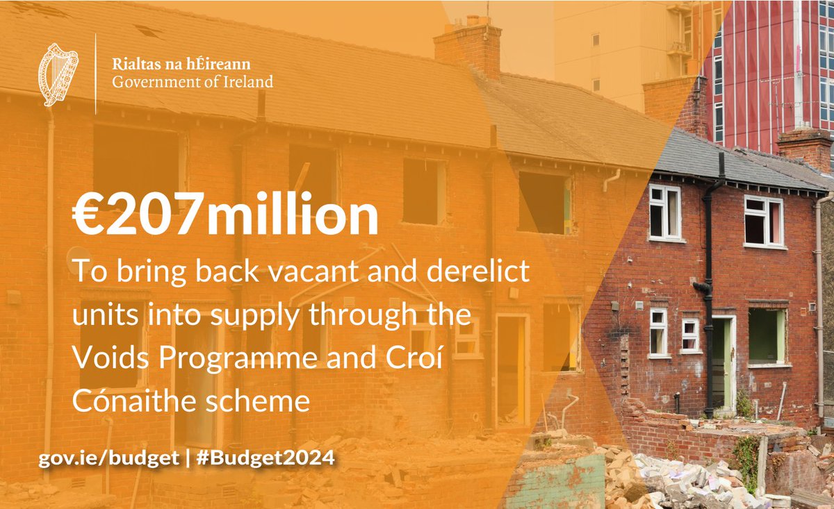 Minister @Paschald announces €207 million in funding aimed at bringing back into supply vacant and derelict units through the Voids Programme and Croí Cónaithe scheme. #Budget2024