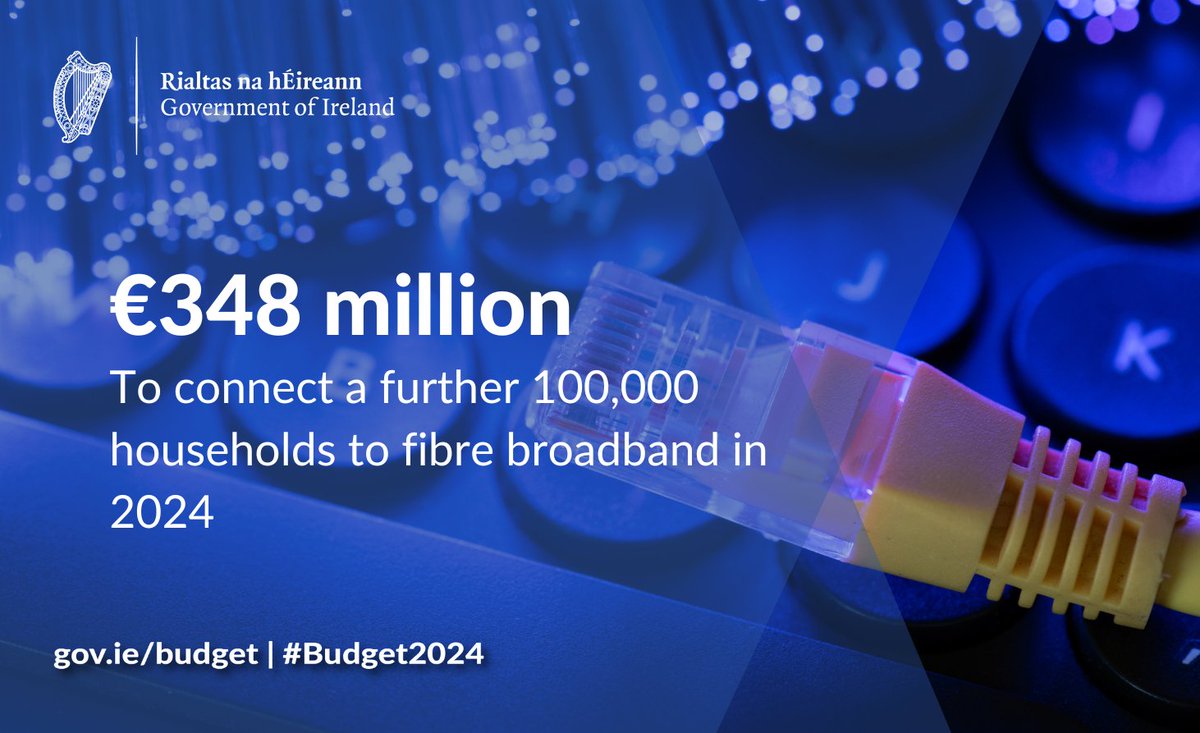 Minister @Paschald announces that, next year, a further €348 million will be invested to provide another 100,000 homes with the opportunity to connect to fibre broadband. #Budget2024