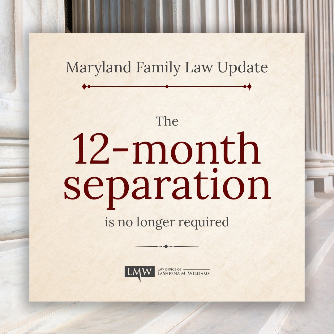 LMWLegal's tweet image. Maryland Family Laws Update! What&apos;s Changing?

12 month separation no longer required.

#MarylandDivorce #LegalChanges #FamilyMatters #LegalUpdates