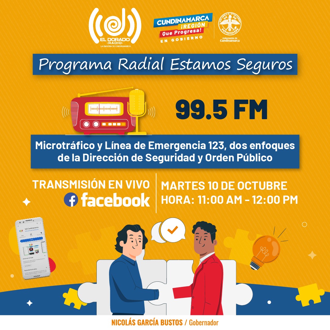 📢Acompáñanos en Estamos Seguros, hablaremos sobre prevención del Microtráfico y la Línea de Emergencia 123.
🗓️ hoy, martes 10 de octubre.
⏰ 11:00 A.M. 
📻 solo por <a href="/ElDoradoRadioCo/">El Dorado Radio</a>