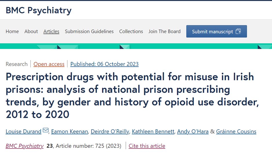 (1/6) Our @hrbireland SDAP funded project published a study in #BMCPsychiatry

We examined prescribing trends for drugs with potential for misuse in Irish prisons and whether trends vary by gender and history of opioid use disorder (OUD), 2012 to 2020: rdcu.be/dobYw