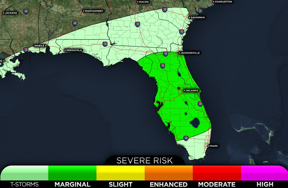 weatherforce11's tweet photo. There is an increasing risk of severe weather associated with the increased rain threat tomorrow and Thursday. Currently, SPC has a day 2 marginal risk from Port Saint Joe to Ft. Myers with a low-end threat for a few tornadoes and damaging winds, and the same thing for Thursday with a risk for severe storms across the entire central and north Florida Peninsula. 

Isolated damaging wind gusts and a few tornadoes appear to be the biggest threat with this event. #flwx