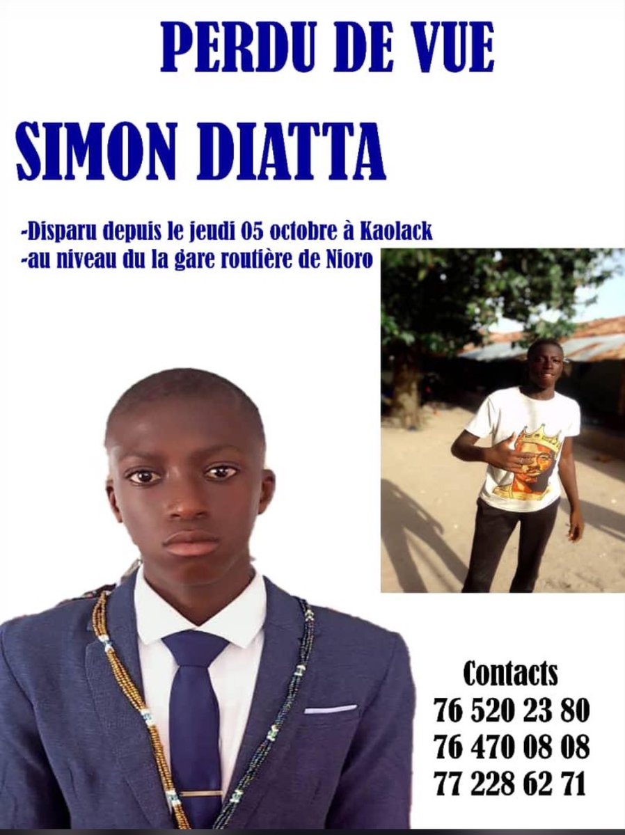 yannick_diatta's tweet photo. Salam les amis,
Aidez nous à retrouver mon neveu que nous avons perdu de vue au niveau du garage de Kaolack.

RT apprécié.🙏🏿 https://t.co/kRQMFxtFvZ